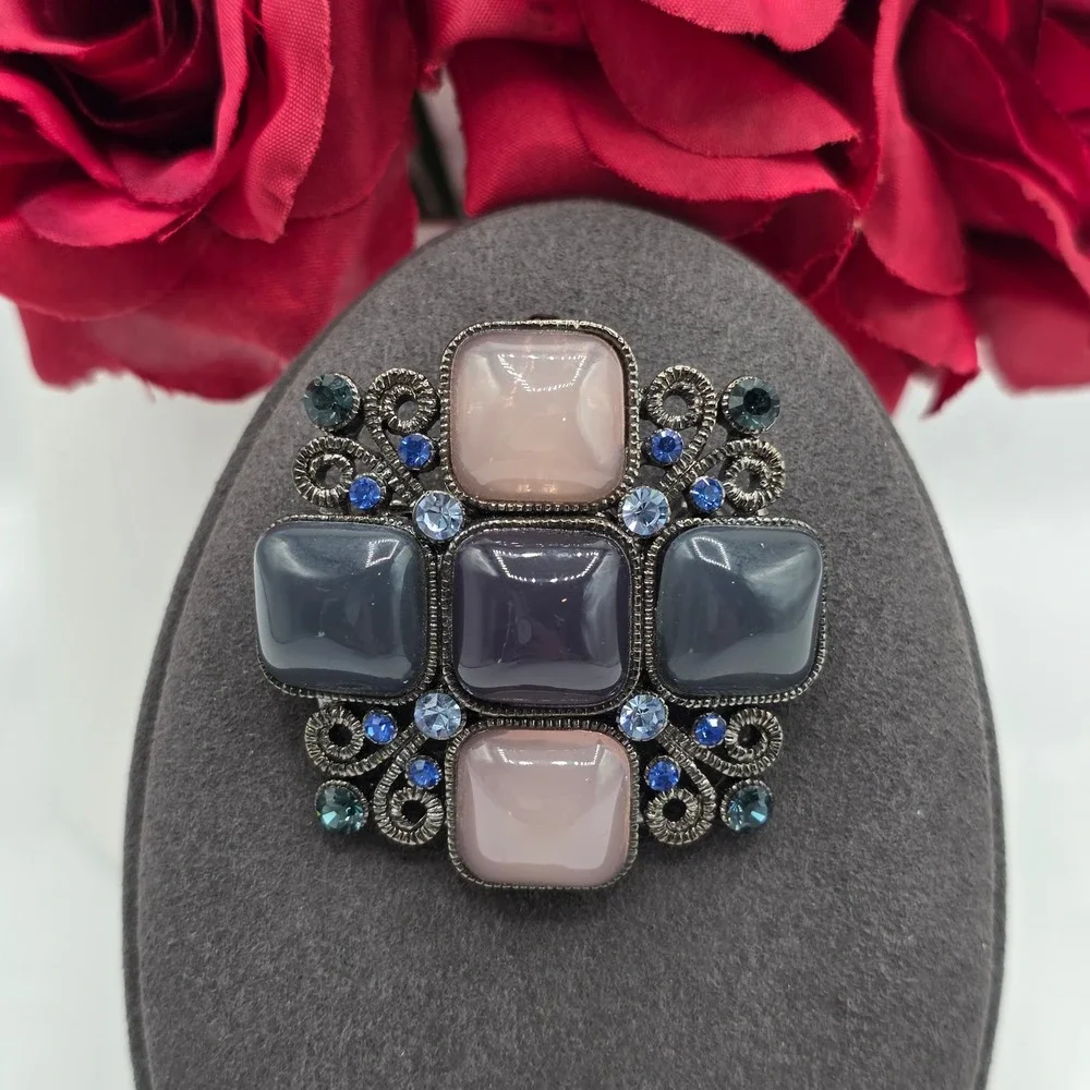 Gunmetal Pink Gray Cabochon Blue Rhinestone Filigree Brooch Pendant Statement